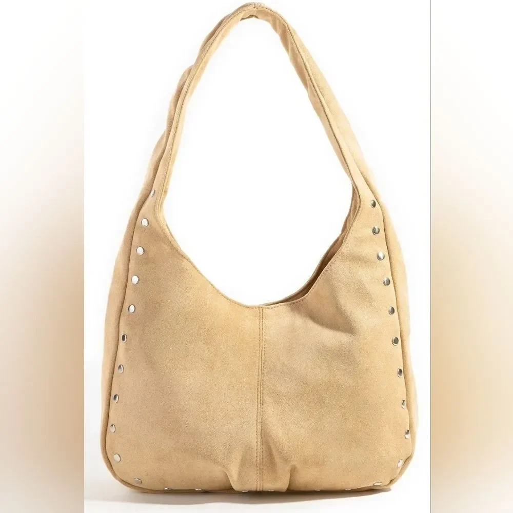 Comfy Casual Cute Cowgirl's Silver Stud Trim Suede Hobo Bag - Black Brown Khaki